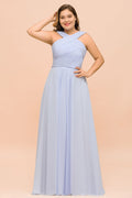 Vestido de dama de honor lavanda de talla grande, estilo halter, largo hasta el suelo, ideal para invitadas de boda.
