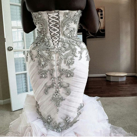Vestido de novia de sirena de talla grande, con encaje de cristal, escote corazón, cola larga, estilo africano, hecho a medida y sin volantes.