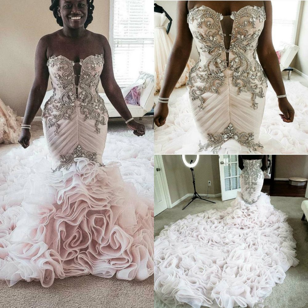 Vestido de novia de sirena de talla grande, con encaje de cristal, escote corazón, cola larga, estilo africano, hecho a medida y sin volantes.