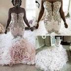 Vestido de novia de sirena de talla grande, con encaje de cristal, escote corazón, cola larga, estilo africano, hecho a medida y sin volantes.