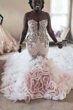 Vestido de novia de sirena de talla grande, con encaje de cristal, escote corazón, cola larga, estilo africano, hecho a medida y sin volantes.