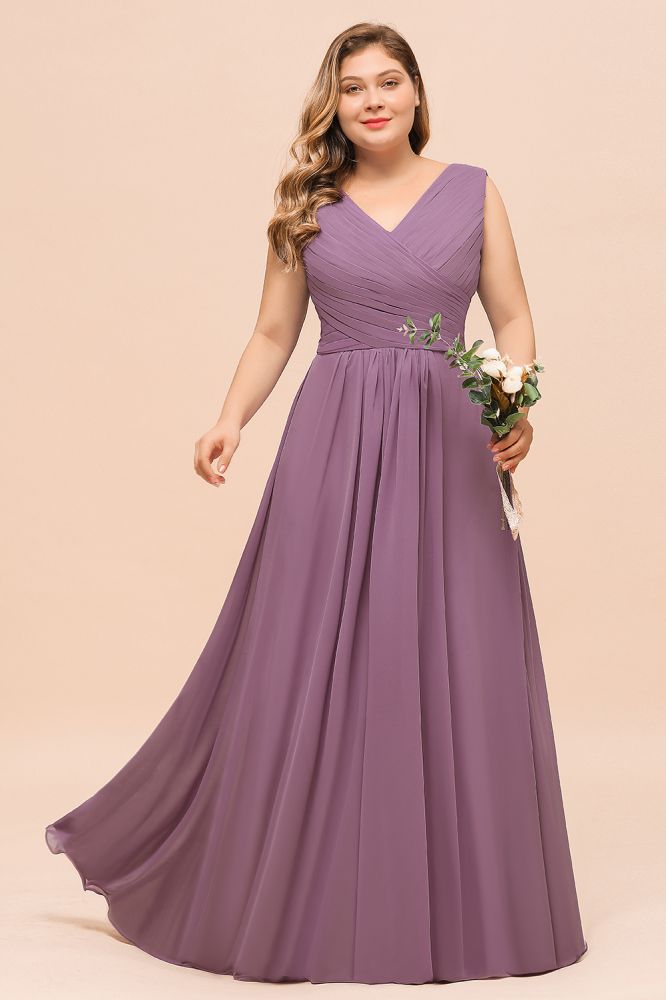 Vestido largo de dama de honor morado de talla grande, estilo chifón, para invitada de boda.