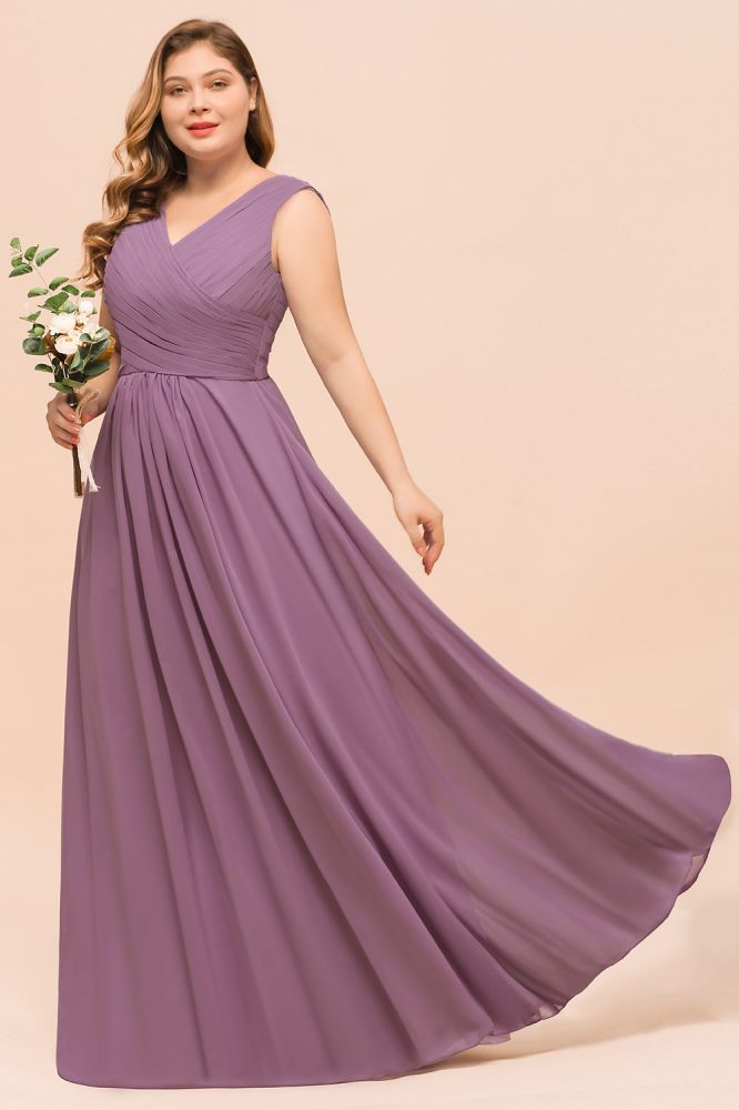 Vestido largo de dama de honor morado de talla grande, estilo chifón, para invitada de boda.