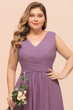 Vestido largo de dama de honor morado de talla grande, estilo chifón, para invitada de boda.
