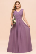 Vestido largo de dama de honor morado de talla grande, estilo chifón, para invitada de boda.