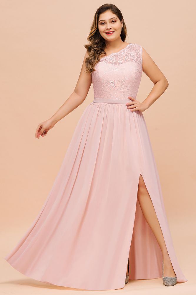 Vestido de dama de honor de talla grande, sin mangas, corte A, con abertura lateral larga, ideal para bodas y fiestas.