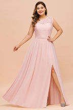 Vestido de dama de honor de talla grande, sin mangas, corte A, con abertura lateral larga, ideal para bodas y fiestas.