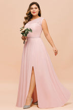 Vestido de dama de honor de talla grande, sin mangas, corte A, con abertura lateral larga, ideal para bodas y fiestas.