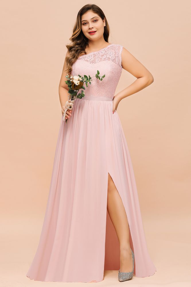 Vestido de dama de honor de talla grande, sin mangas, corte A, con abertura lateral larga, ideal para bodas y fiestas.