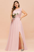 Vestido de dama de honor de talla grande, sin mangas, corte A, con abertura lateral larga, ideal para bodas y fiestas.