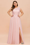 Vestido de dama de honor de talla grande, sin mangas, corte A, con abertura lateral larga, ideal para bodas y fiestas.