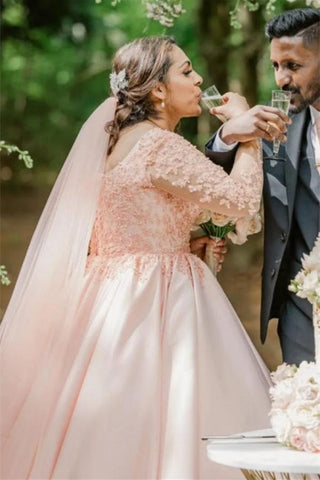 Vestido de novia de talla grande, corte en A, tul floral, manga larga