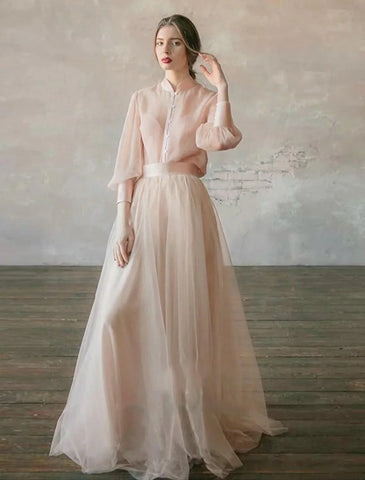 Baoleely Two Piece Empire Minimalist Wedding Guest Formal Evening Birthday Dress Stand Collar Long Sleeve Floor Length Chiffon with Tier
