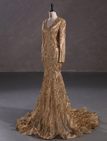 Vestido de noche corte sirena/trompeta, brillante y reluciente, ideal para carnaval, eventos formales, con cola, manga larga, escote en V, encaje afroamericano con lentejuelas.