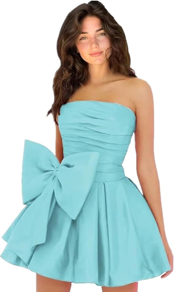 Robes de soirée courtes et chics pour le bal de promo, coupe trapèze, sans manches, bustier, froncées, lacées et ornées d'un nœud.