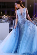 Popular Sky Blue Lace Prom Dresses Online Sleeveless Overskirt Tulle Evening Dresses