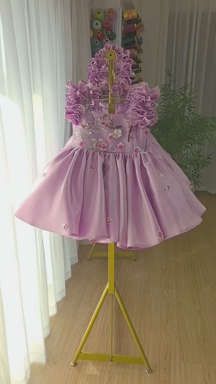 Floral Embroidery Sequins Tulle Knee-length Pink Baby Girl Dress