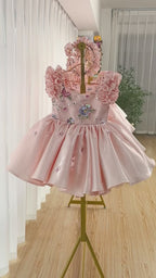 Floral Embroidery Sequins Tulle Knee-length Pink Baby Girl Dress