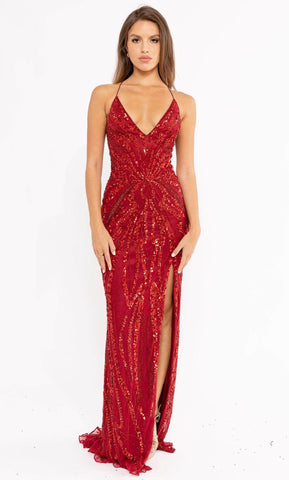 Vestido de graduación con escote en V y cuentas