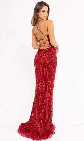 Vestido de graduación con escote en V y cuentas