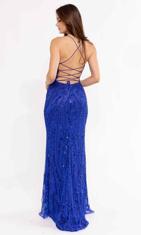 Vestido de graduación con escote en V y cuentas