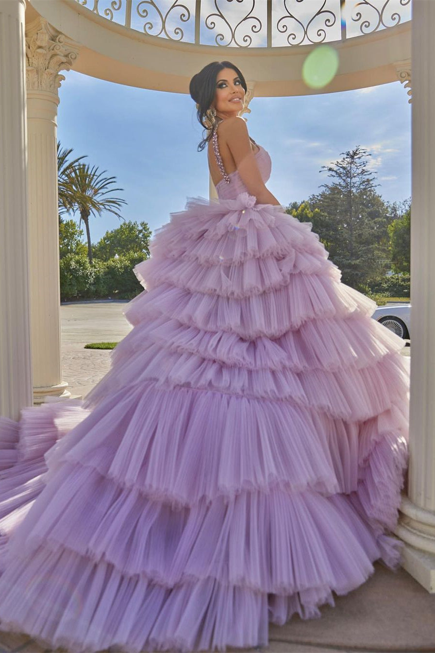 Vestido de fiesta sin mangas, corte princesa, lila, con tirantes y volantes