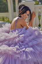 Vestido de fiesta sin mangas, corte princesa, lila, con tirantes y volantes
