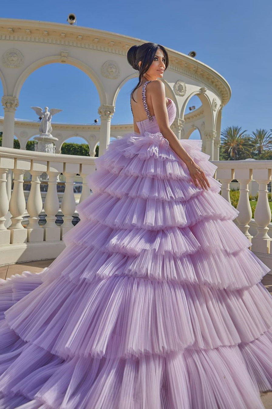 Vestido de fiesta sin mangas, corte princesa, lila, con tirantes y volantes