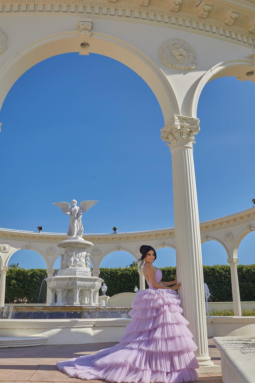 Vestido de fiesta sin mangas, corte princesa, lila, con tirantes y volantes