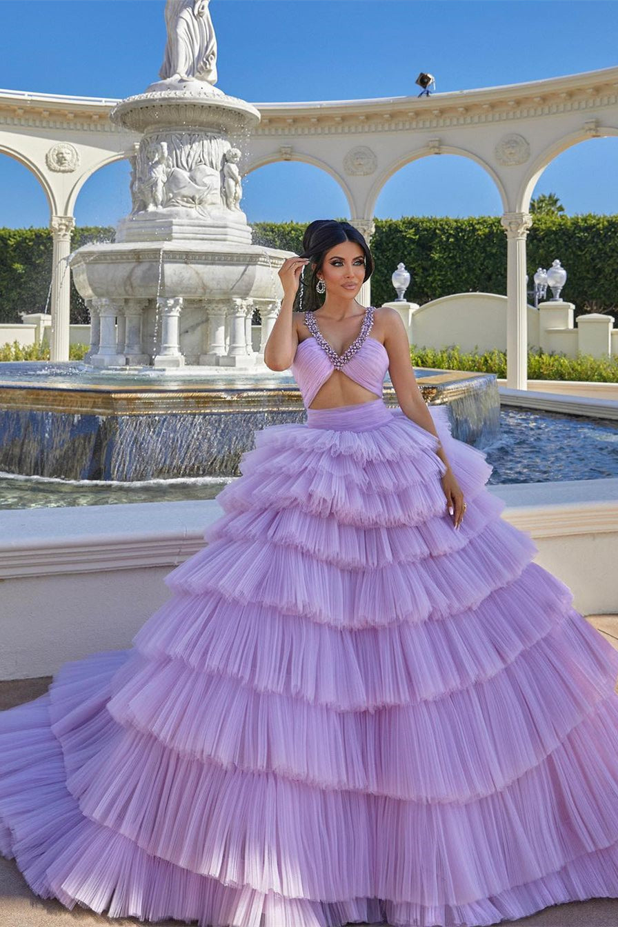 Vestido de fiesta sin mangas, corte princesa, lila, con tirantes y volantes