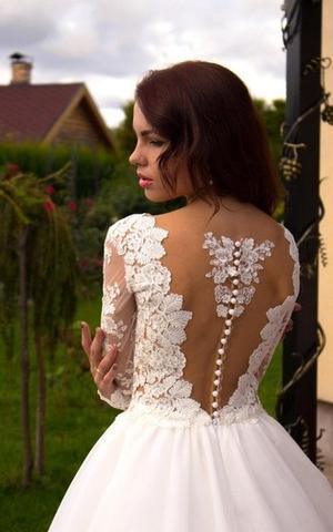 Vestidos de novia de corte princesa, línea A, escote en V, tul color marfil, mangas largas WD181