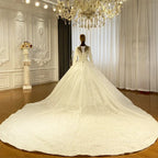Robe de mariée princesse élégante en dentelle, coupe trapèze, manches longues et traîne