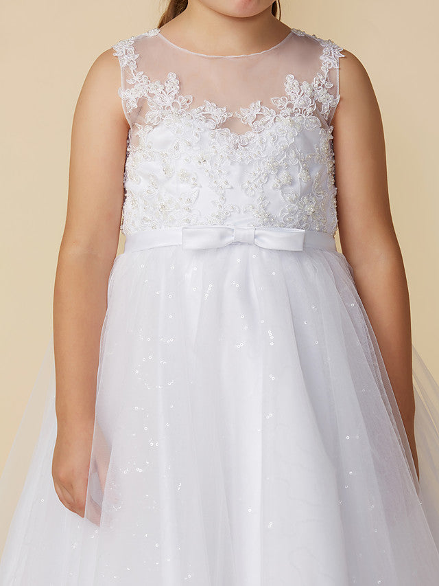 Vestidos de niña de las flores estilo princesa, hasta el tobillo, de encaje y tul, con escote barco, para la primera comunión.