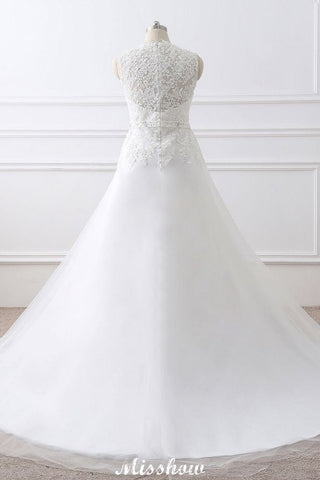 Vestido de novia elegante de tul con escote en V y encaje de princesa