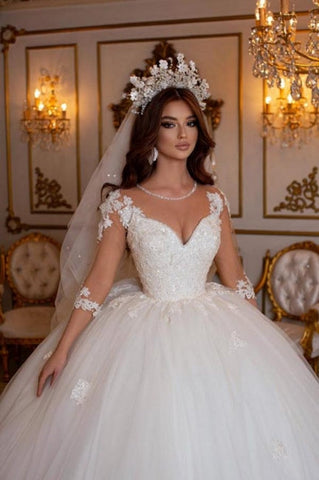 Vestidos de novia de corte princesa, largos, de línea A, con escote en V, encaje y mangas largas