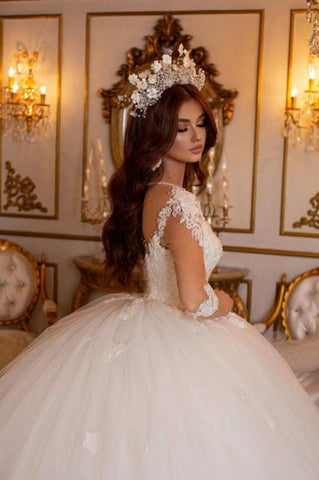 Vestidos de novia de corte princesa, largos, de línea A, con escote en V, encaje y mangas largas