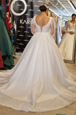Vestidos de novia de encaje estilo princesa, corte princesa, escote en V largo, línea A, mangas largas