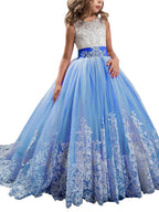 Vestidos de niña de las flores estilo princesa, sin mangas, con cuello joya y lazo.