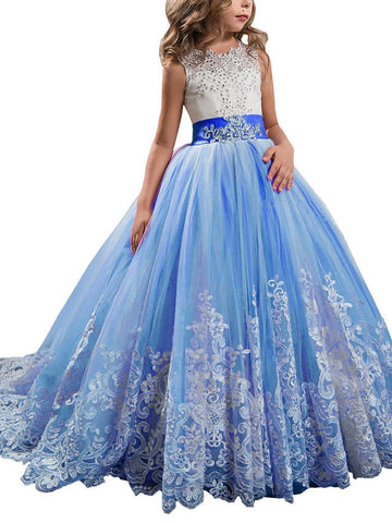 Vestidos de niña de las flores estilo princesa, sin mangas, con cuello joya y lazo.