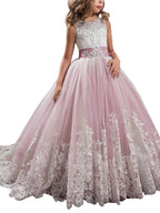 Vestidos de niña de las flores estilo princesa, sin mangas, con cuello joya y lazo.