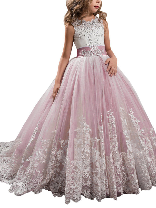 Vestidos de niña de las flores estilo princesa, sin mangas, con cuello joya y lazo.