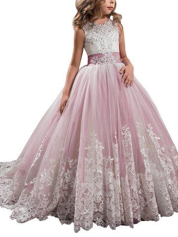 Vestidos de niña de las flores estilo princesa, sin mangas, con cuello joya y lazo.