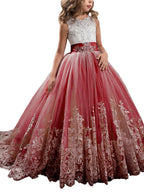 Vestidos de niña de las flores estilo princesa, sin mangas, con cuello joya y lazo.