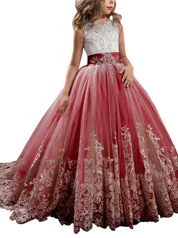 Vestidos de niña de las flores estilo princesa, sin mangas, con cuello joya y lazo.