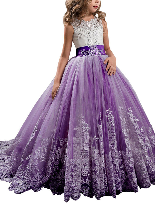 Vestidos de niña de las flores estilo princesa, sin mangas, con cuello joya y lazo.