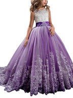 Vestidos de niña de las flores estilo princesa, sin mangas, con cuello joya y lazo.