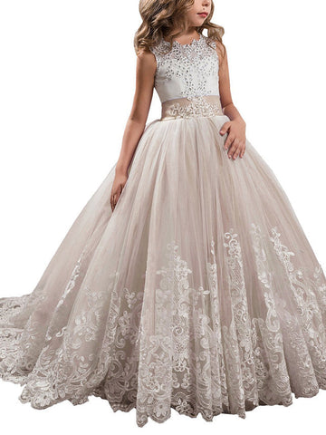 Vestidos de niña de las flores estilo princesa, sin mangas, con cuello joya y lazo.