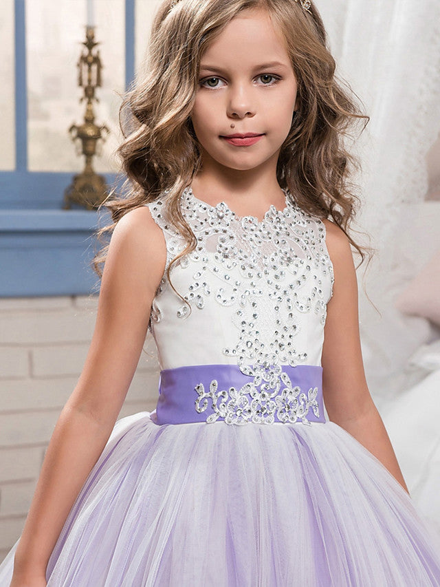 Vestidos de niña de las flores estilo princesa, sin mangas, con cuello joya y lazo.