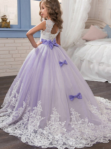 Vestidos de niña de las flores estilo princesa, sin mangas, con cuello joya y lazo.