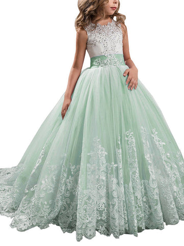 Vestidos de niña de las flores estilo princesa, sin mangas, con cuello joya y lazo.